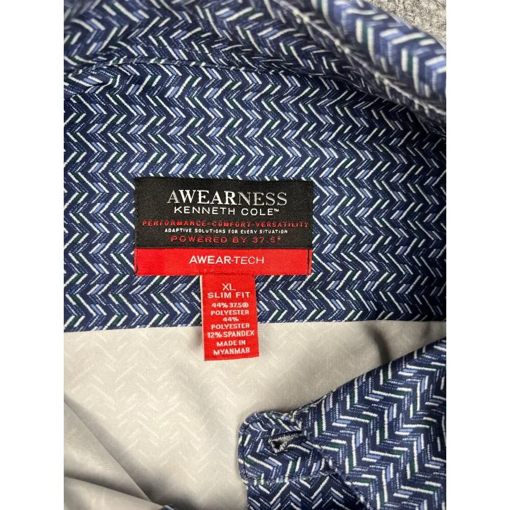 Kenneth Cole Reaction Mens Blue XL White Check Button-Down Dress Shirt #852